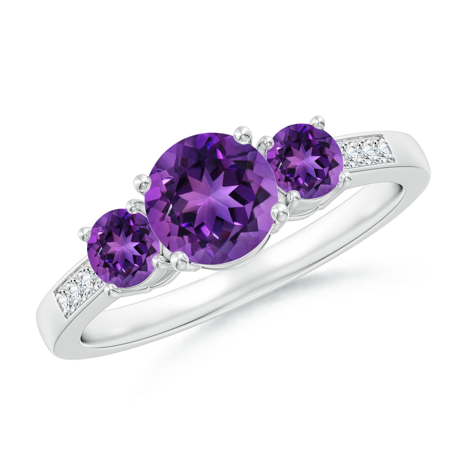 6mm AAAA Three Stone Round Amethyst Ring with Diamond Accents in 18CT White Gold