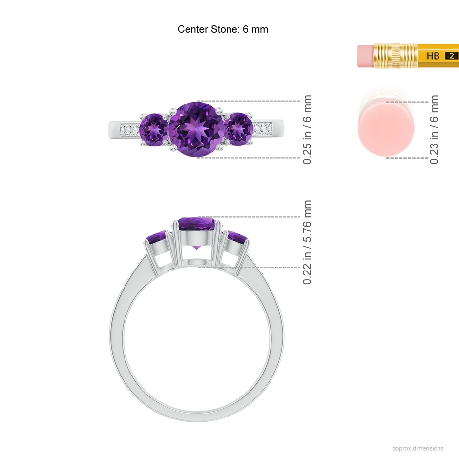 6mm AAAA Three Stone Round Amethyst Ring with Diamond Accents in 18K White Gold ruler