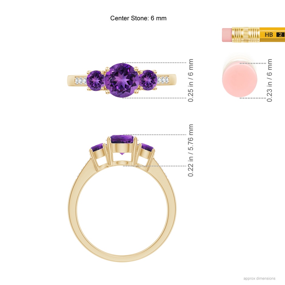 6mm AAAA Three Stone Round Amethyst Ring with Diamond Accents in 18K Yellow Gold ruler