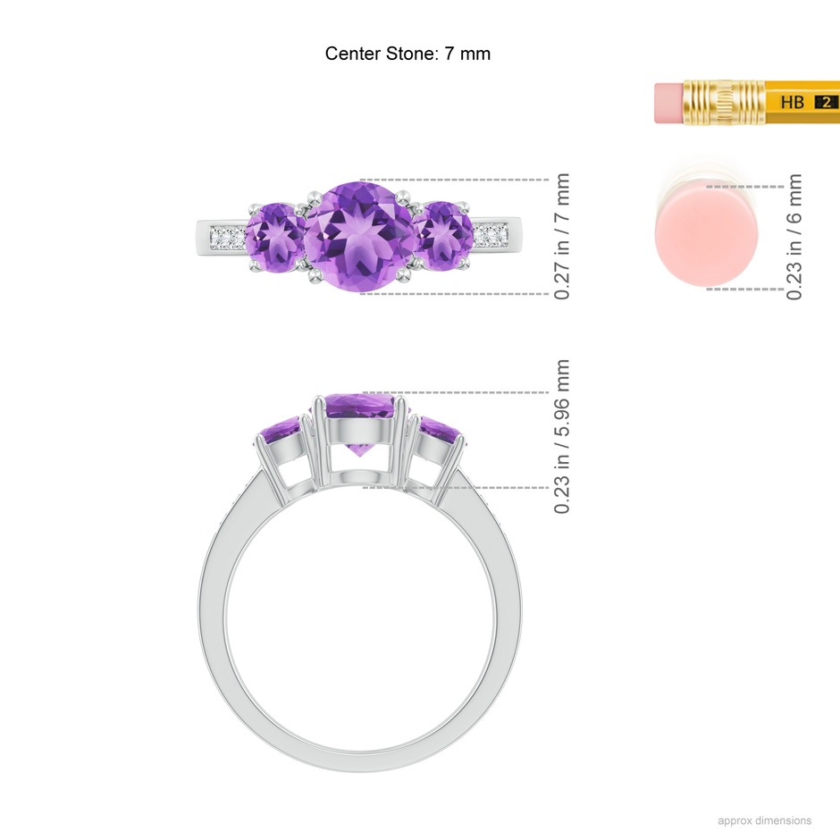 7mm A Three Stone Round Amethyst Ring with Diamond Accents in 18K White Gold ruler