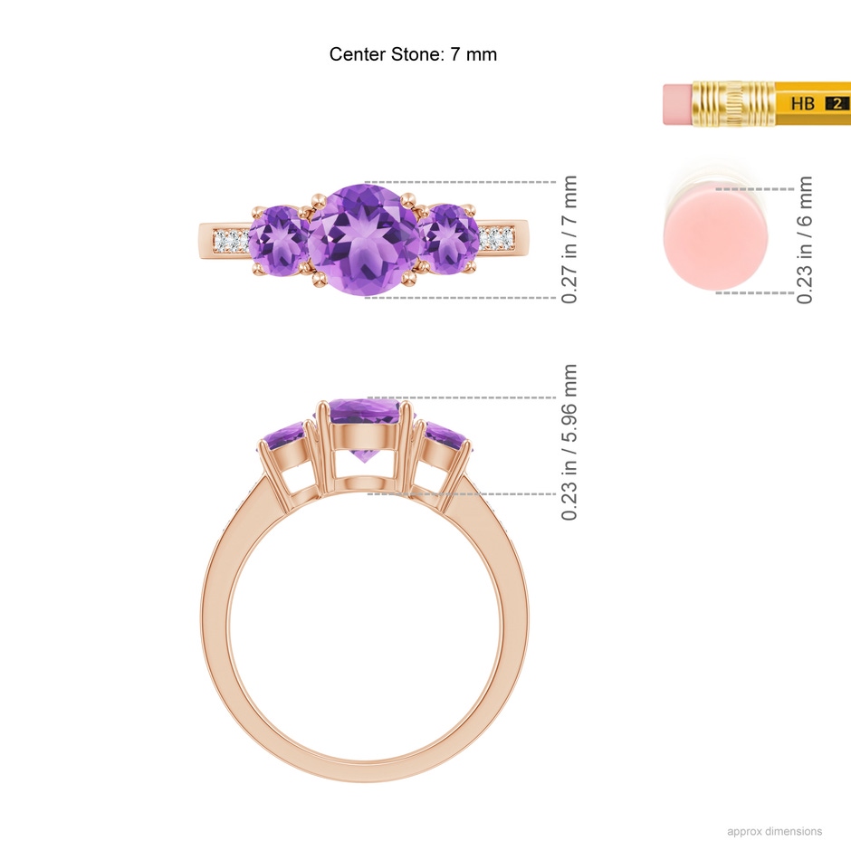 7mm A Three Stone Round Amethyst Ring with Diamond Accents in Rose Gold ruler