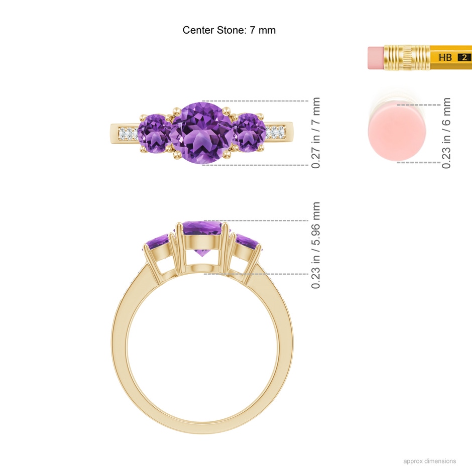 7mm AA Three Stone Round Amethyst Ring with Diamond Accents in 18K Yellow Gold ruler