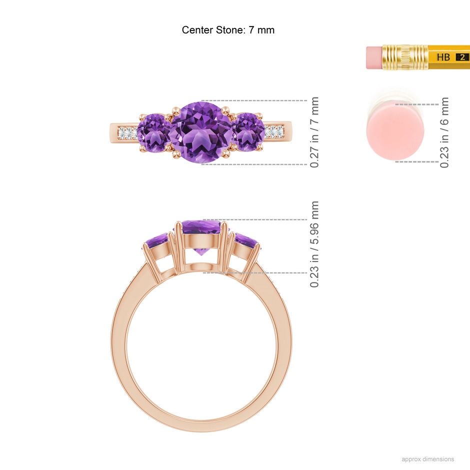 7mm AA Three Stone Round Amethyst Ring with Diamond Accents in Rose Gold ruler