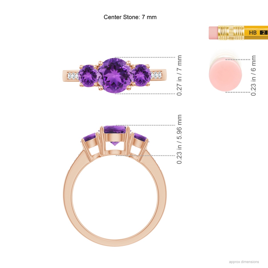 7mm AAA Three Stone Round Amethyst Ring with Diamond Accents in 18K Rose Gold ruler
