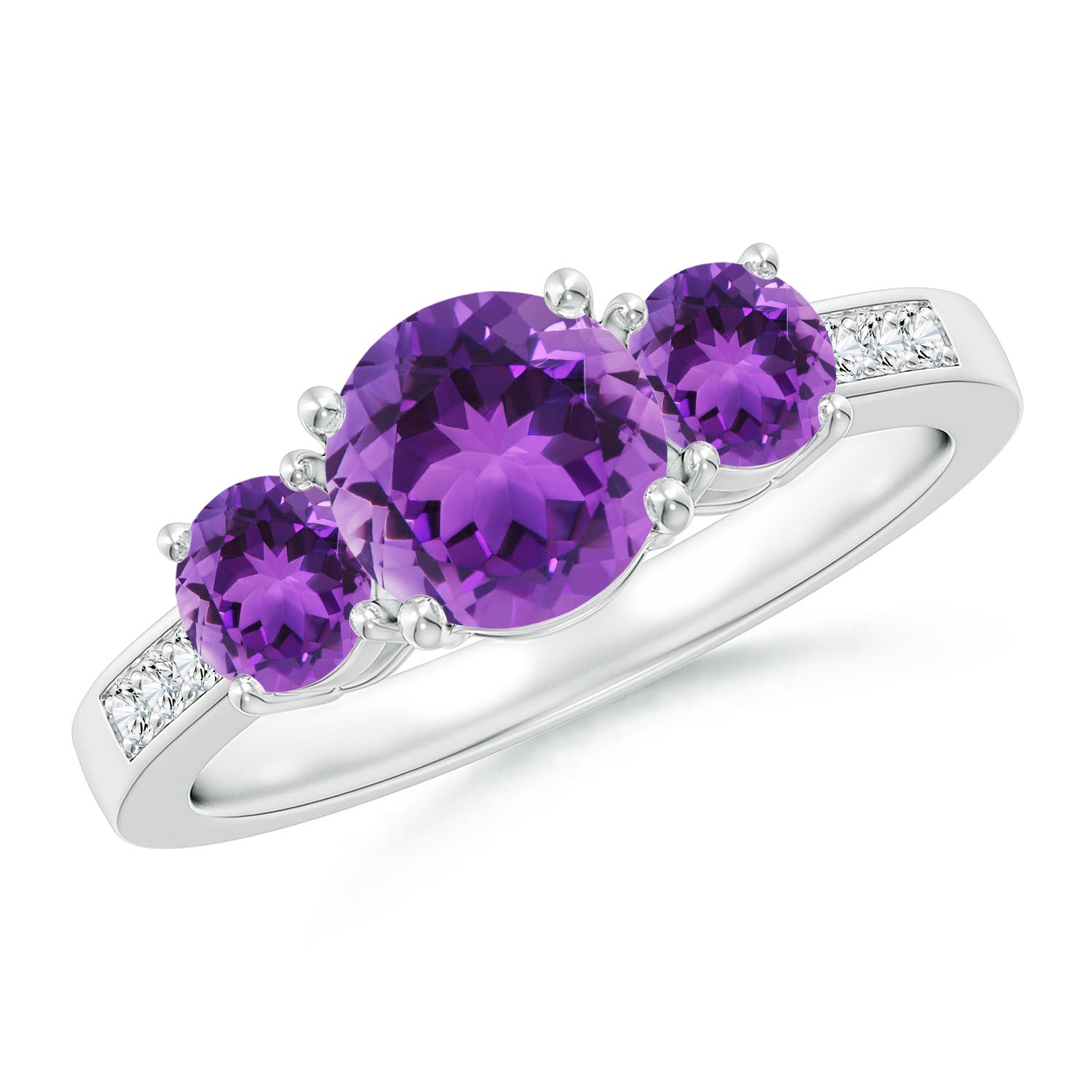 7mm AAA Three Stone Round Amethyst Ring with Diamond Accents in 18CT White Gold