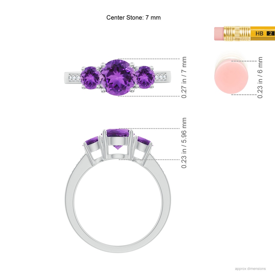 7mm AAA Three Stone Round Amethyst Ring with Diamond Accents in 18K White Gold ruler