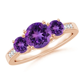 7mm AAAA Three Stone Round Amethyst Ring with Diamond Accents in 18K Rose Gold