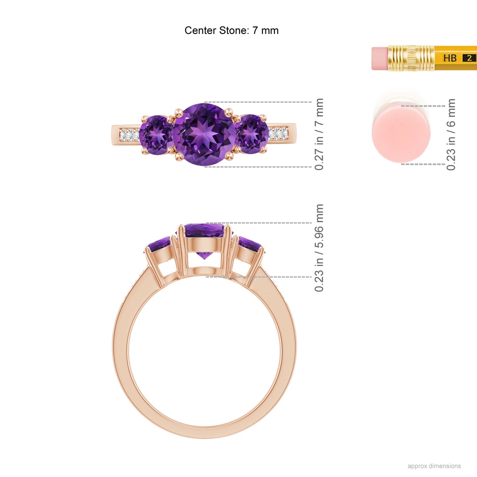 7mm AAAA Three Stone Round Amethyst Ring with Diamond Accents in 18K Rose Gold ruler