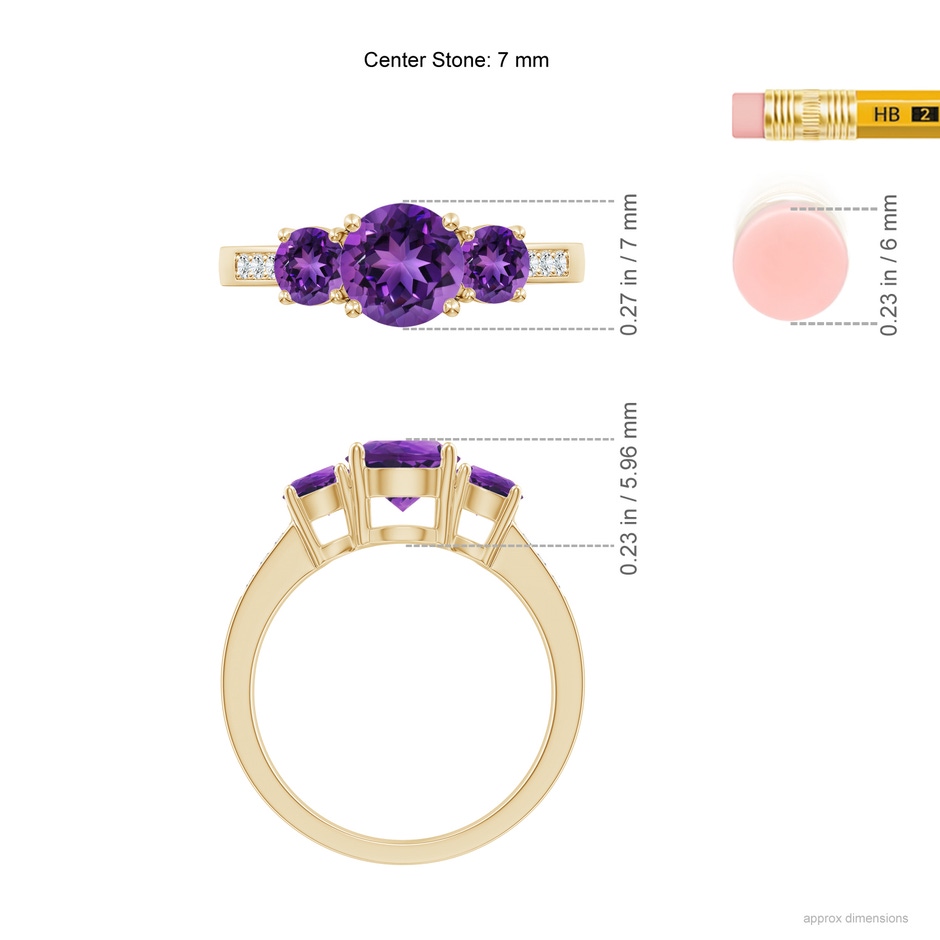 7mm AAAA Three Stone Round Amethyst Ring with Diamond Accents in 18K Yellow Gold ruler
