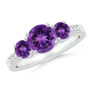 7mm AAAA Three Stone Round Amethyst Ring with Diamond Accents in P950 Platinum