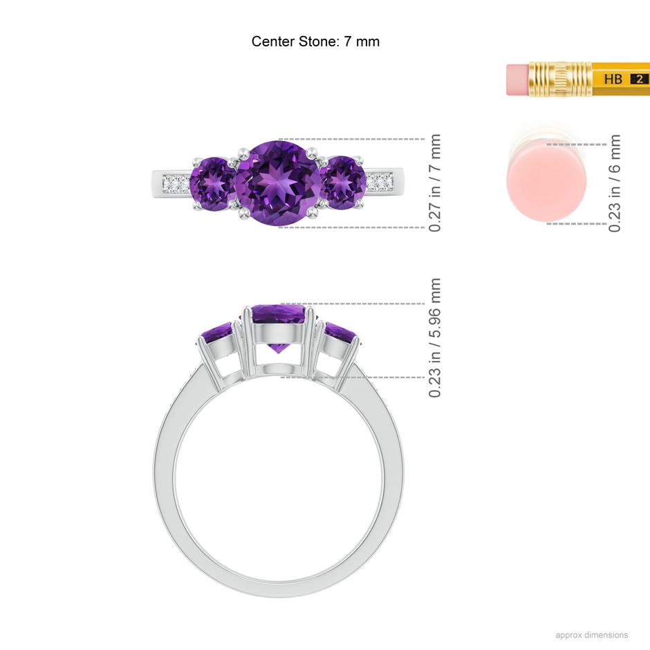 7mm AAAA Three Stone Round Amethyst Ring with Diamond Accents in White Gold ruler