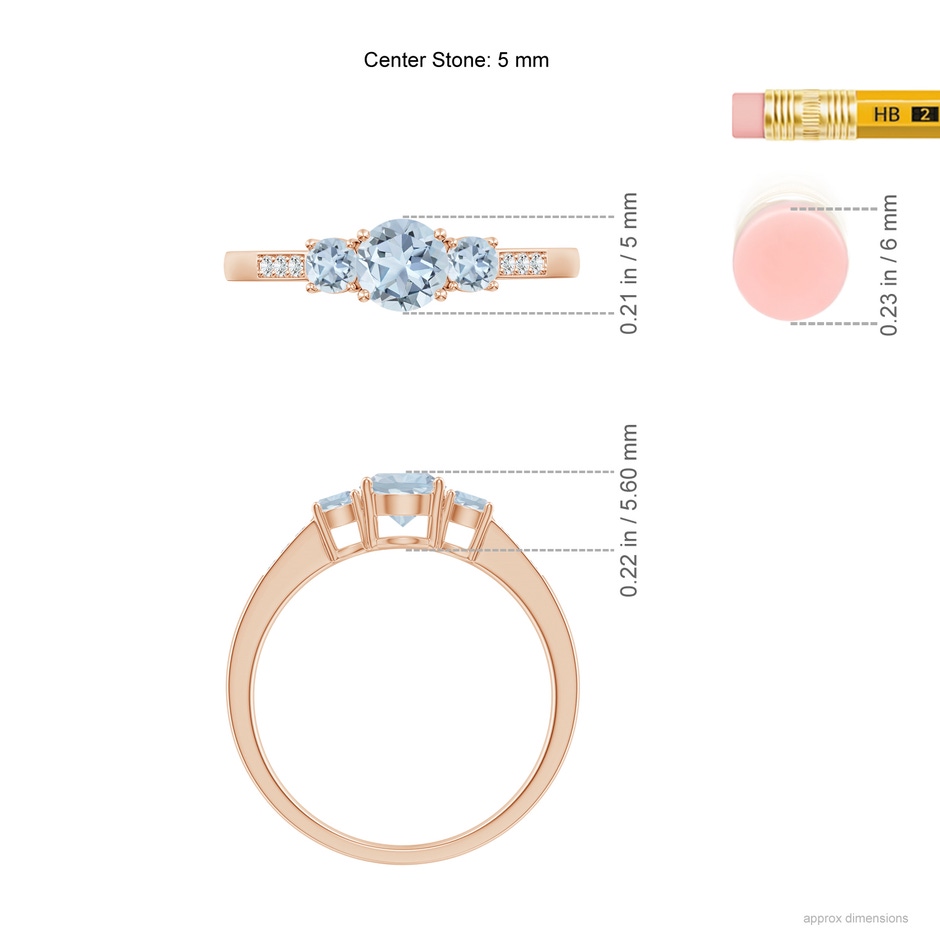 5mm A Three Stone Round Aquamarine Ring with Diamond Accents in Rose Gold ruler
