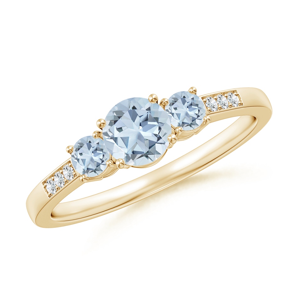 5mm A Three Stone Round Aquamarine Ring with Diamond Accents in Yellow Gold 
