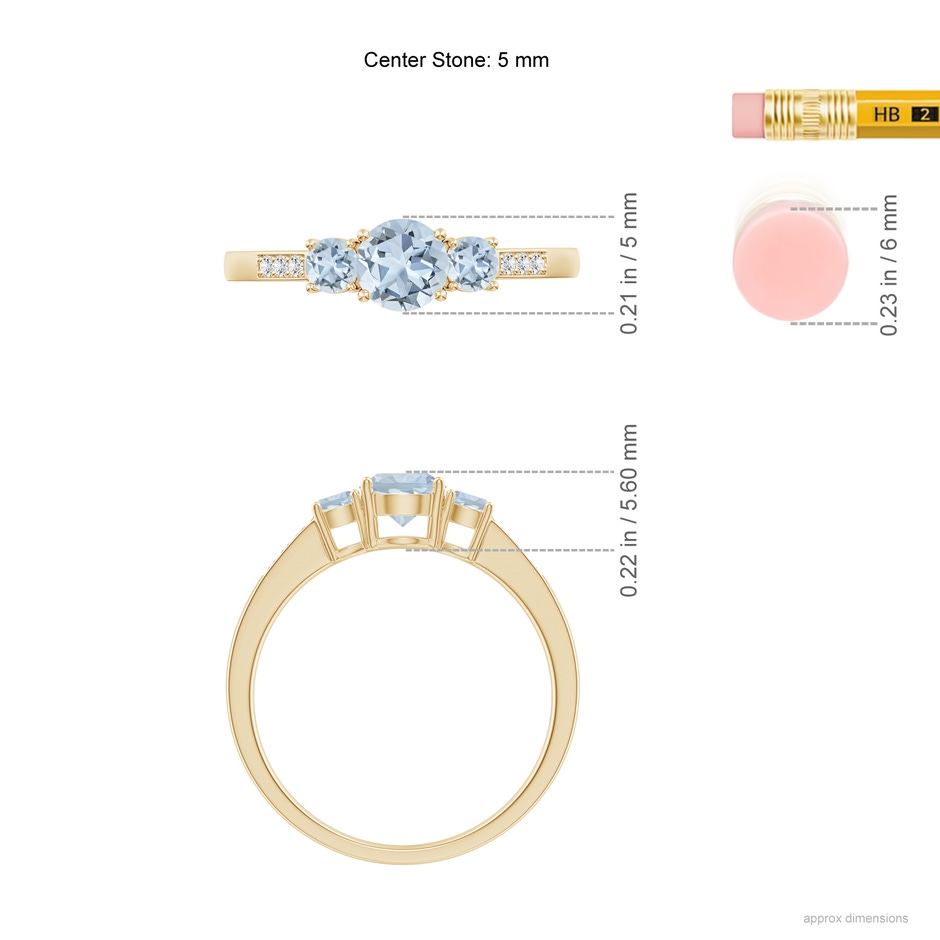 5mm A Three Stone Round Aquamarine Ring with Diamond Accents in Yellow Gold ruler
