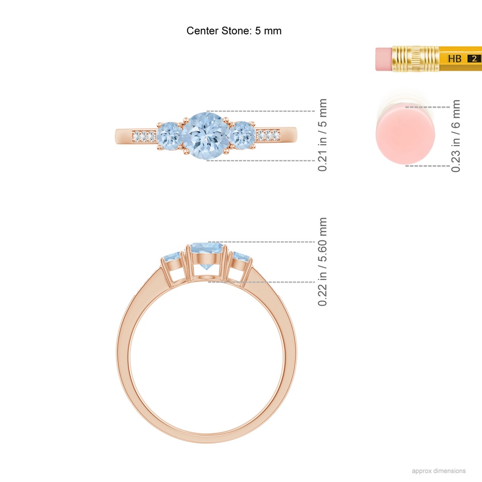 5mm AA Three Stone Round Aquamarine Ring with Diamond Accents in Rose Gold ruler