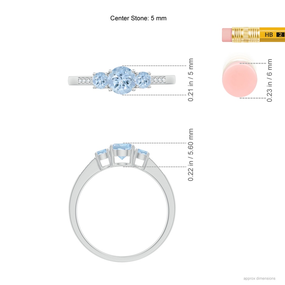 5mm AA Three Stone Round Aquamarine Ring with Diamond Accents in White Gold ruler