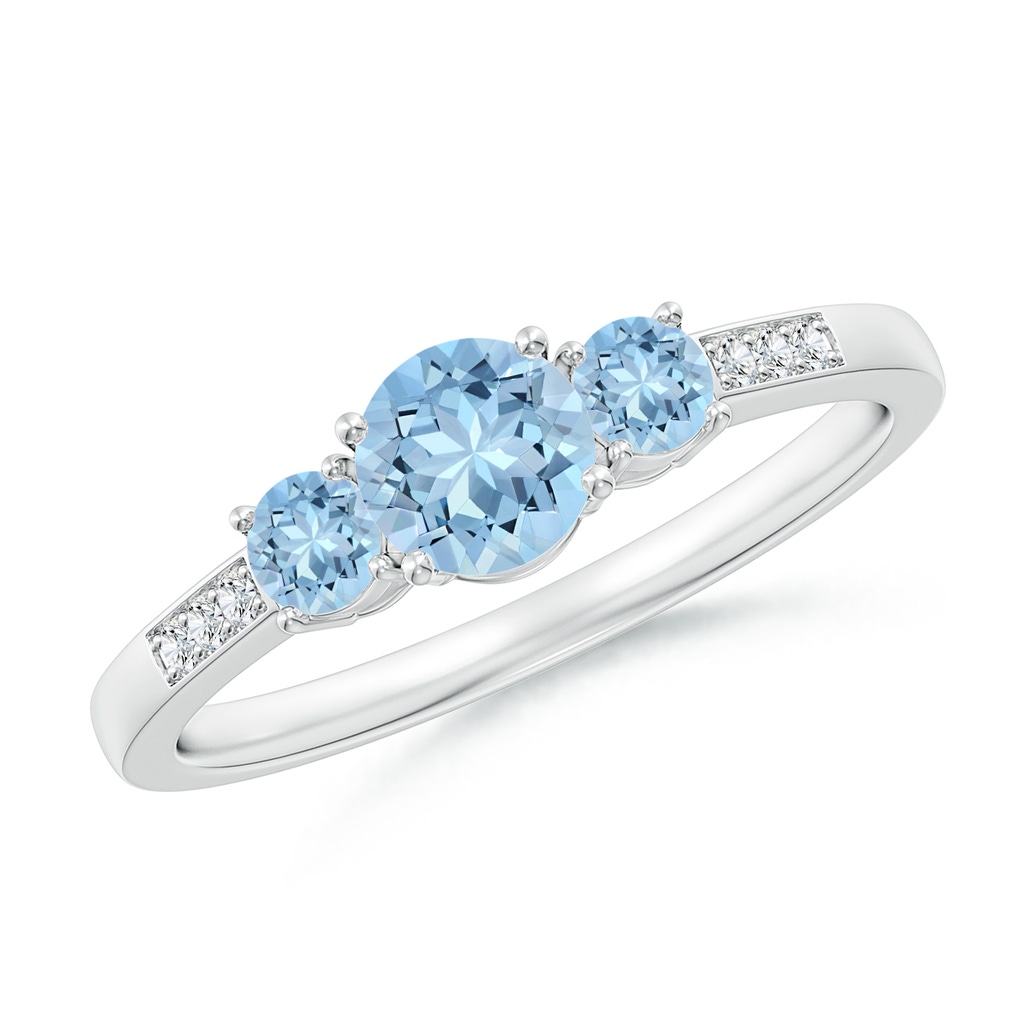 5mm AAA Three Stone Round Aquamarine Ring with Diamond Accents in White Gold