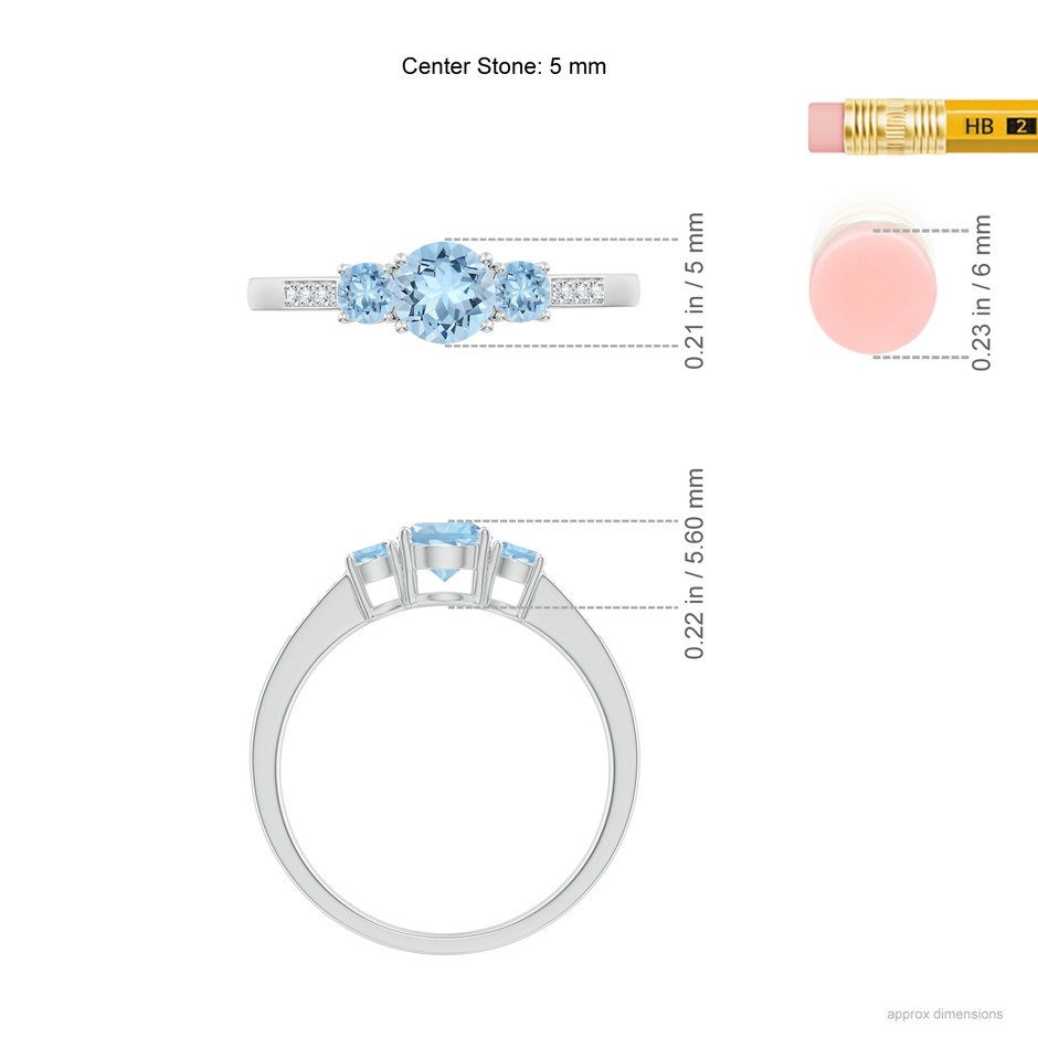 5mm AAA Three Stone Round Aquamarine Ring with Diamond Accents in White Gold ruler