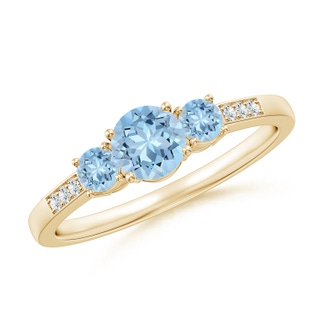 5mm AAA Three Stone Round Aquamarine Ring with Diamond Accents in Yellow Gold
