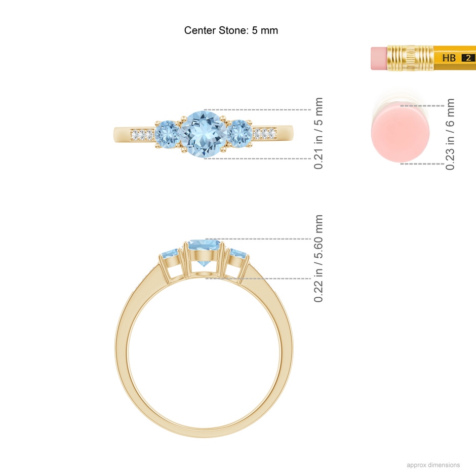 5mm AAA Three Stone Round Aquamarine Ring with Diamond Accents in Yellow Gold ruler