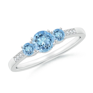 5mm AAAA Three Stone Round Aquamarine Ring with Diamond Accents in P950 Platinum