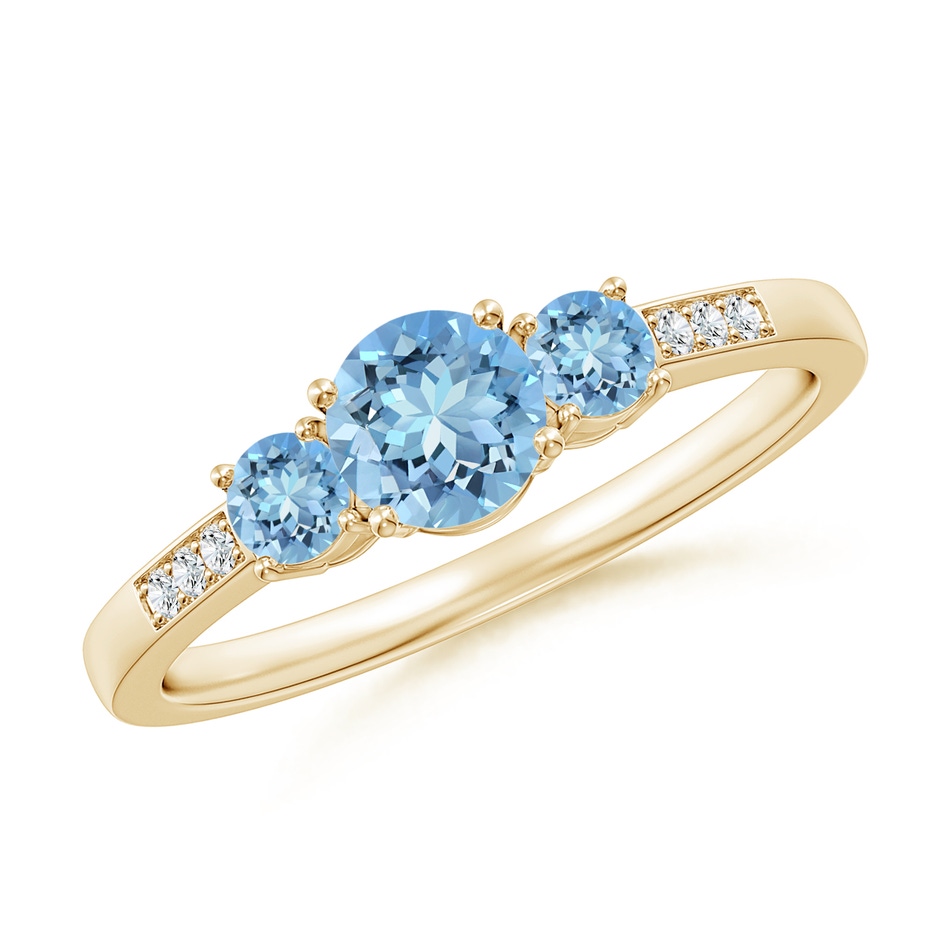 5mm AAAA Three Stone Round Aquamarine Ring with Diamond Accents in Yellow Gold 
