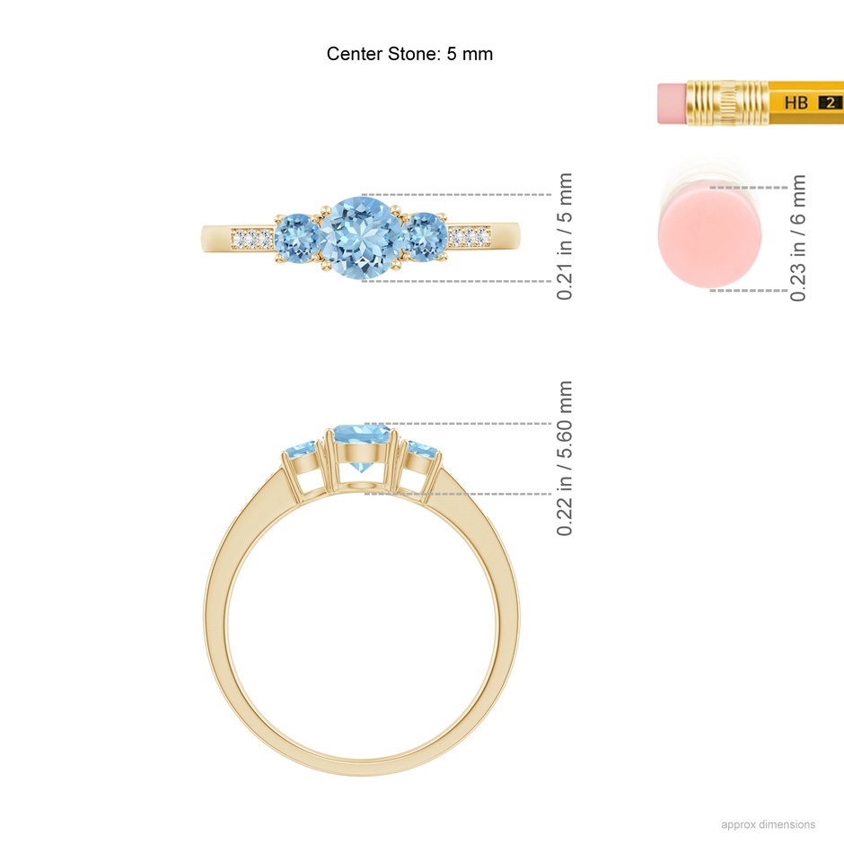 5mm AAAA Three Stone Round Aquamarine Ring with Diamond Accents in Yellow Gold ruler