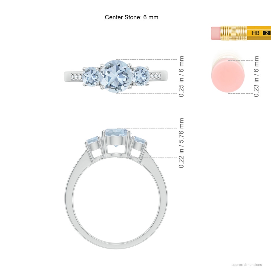 6mm A Three Stone Round Aquamarine Ring with Diamond Accents in White Gold ruler