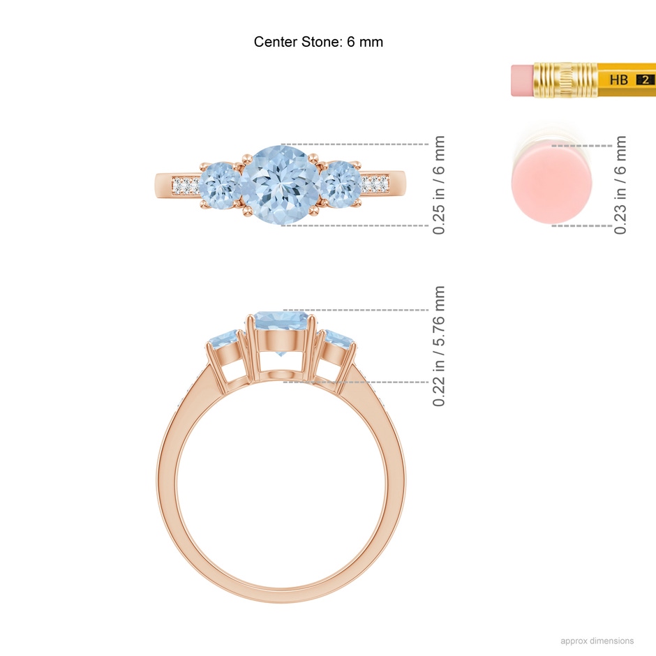 6mm AA Three Stone Round Aquamarine Ring with Diamond Accents in Rose Gold ruler