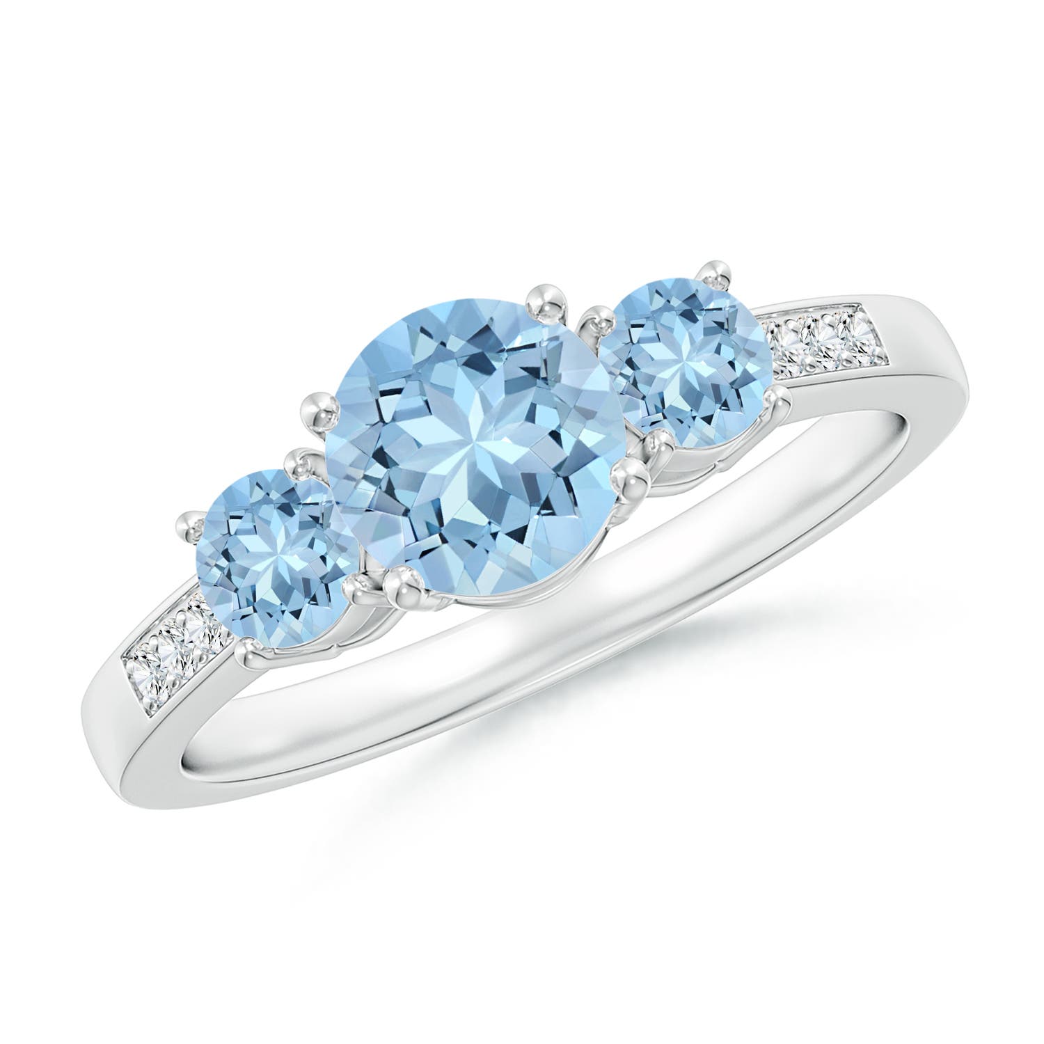 6mm AAA Three Stone Round Aquamarine Ring with Diamond Accents in P950 Platinum
