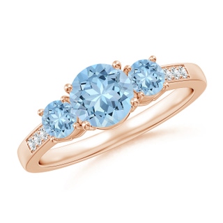 6mm AAA Three Stone Round Aquamarine Ring with Diamond Accents in Rose Gold