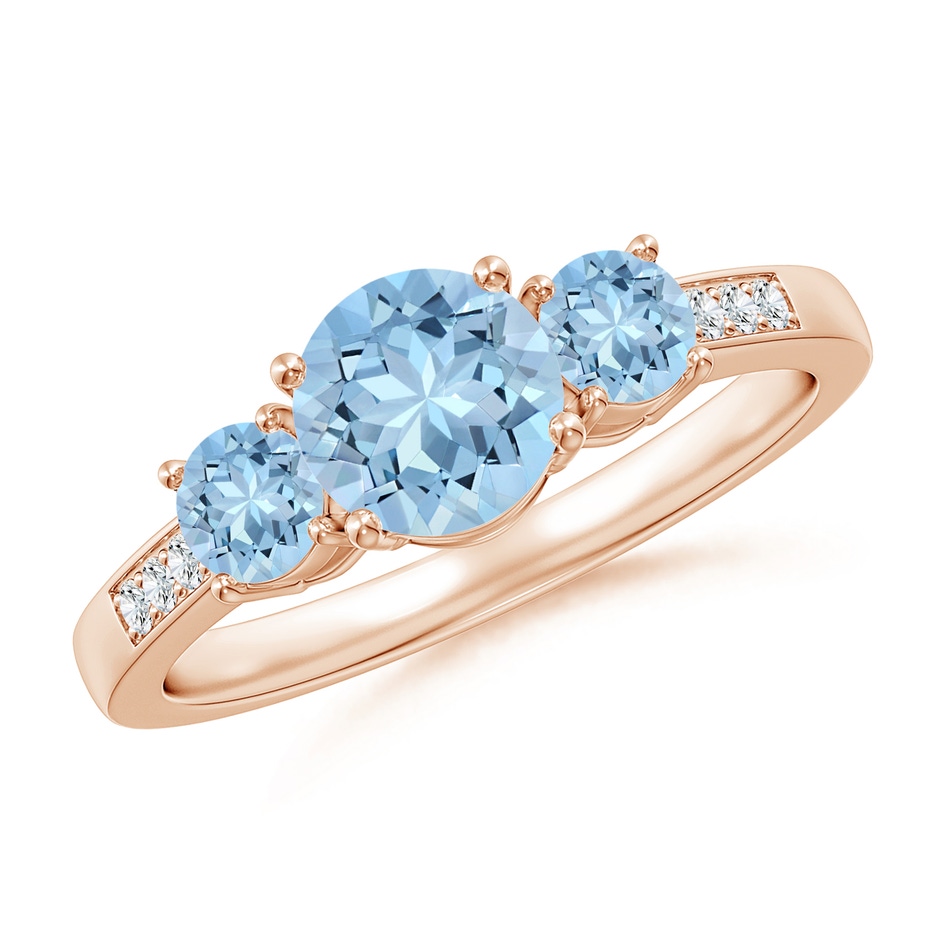 6mm AAA Three Stone Round Aquamarine Ring with Diamond Accents in Rose Gold 