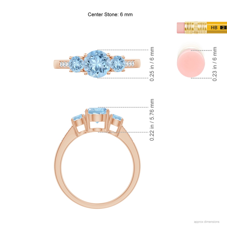 6mm AAA Three Stone Round Aquamarine Ring with Diamond Accents in Rose Gold ruler