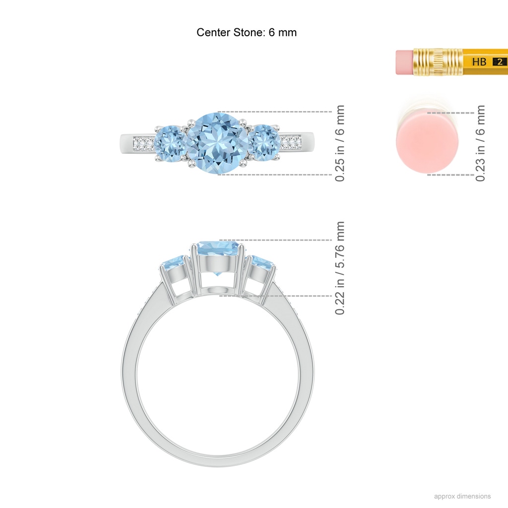 6mm AAA Three Stone Round Aquamarine Ring with Diamond Accents in White Gold Ruler