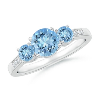 6mm AAAA Three Stone Round Aquamarine Ring with Diamond Accents in P950 Platinum