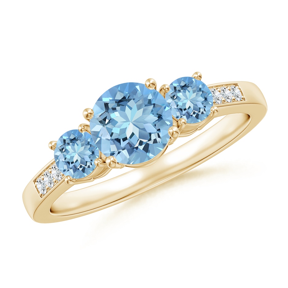 6mm AAAA Three Stone Round Aquamarine Ring with Diamond Accents in Yellow Gold 