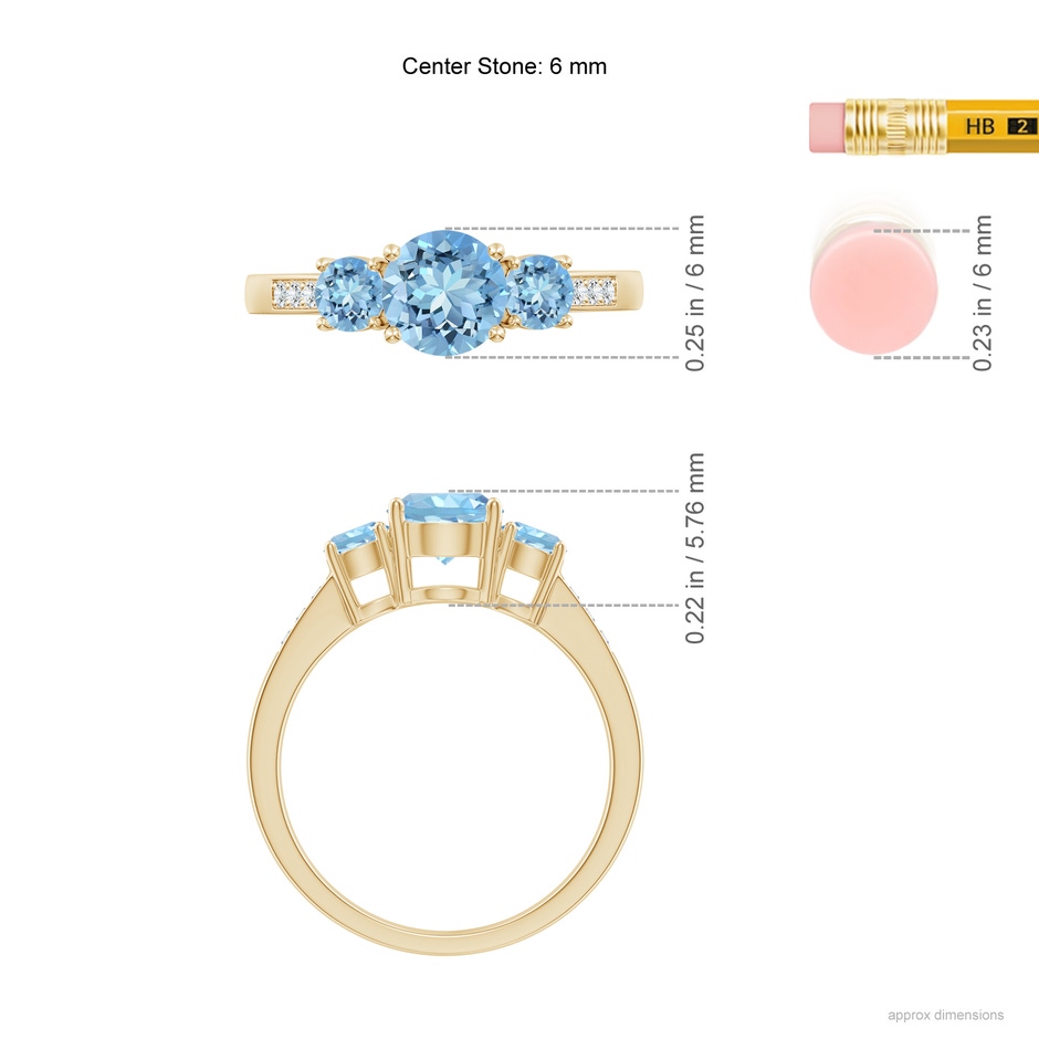 6mm AAAA Three Stone Round Aquamarine Ring with Diamond Accents in Yellow Gold ruler
