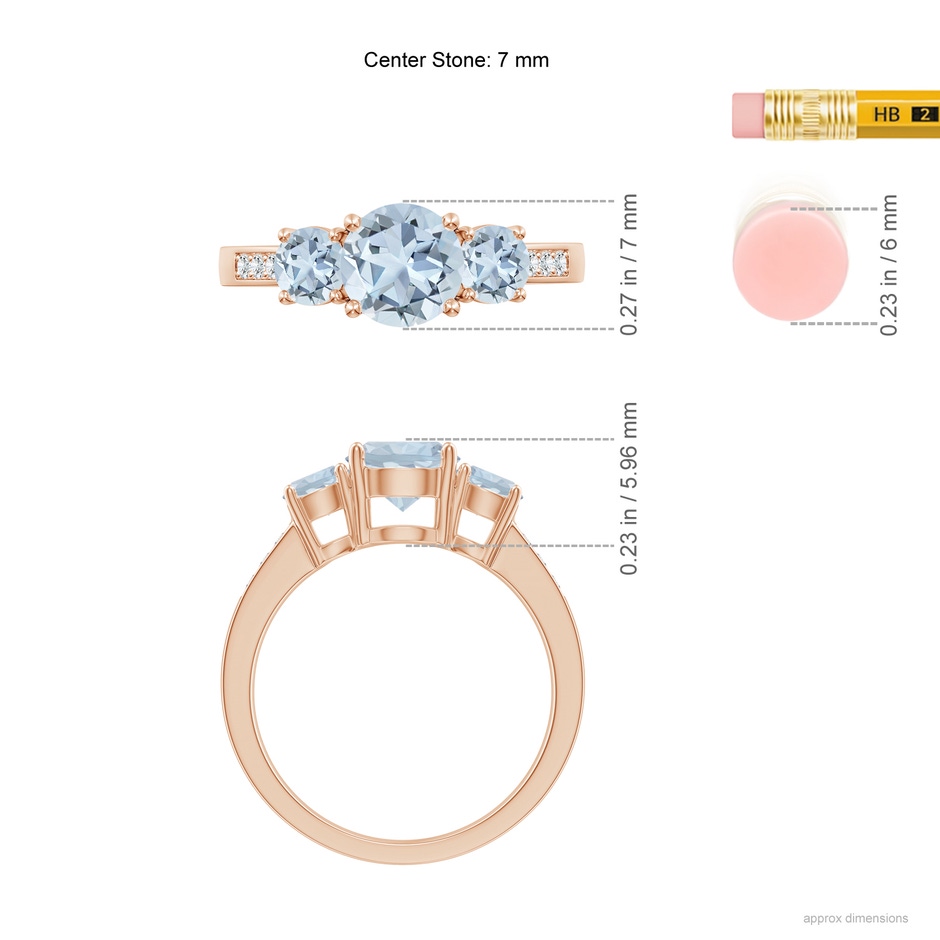 7mm A Three Stone Round Aquamarine Ring with Diamond Accents in Rose Gold ruler