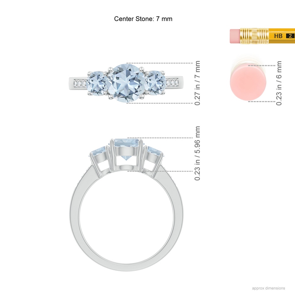 7mm A Three Stone Round Aquamarine Ring with Diamond Accents in White Gold ruler