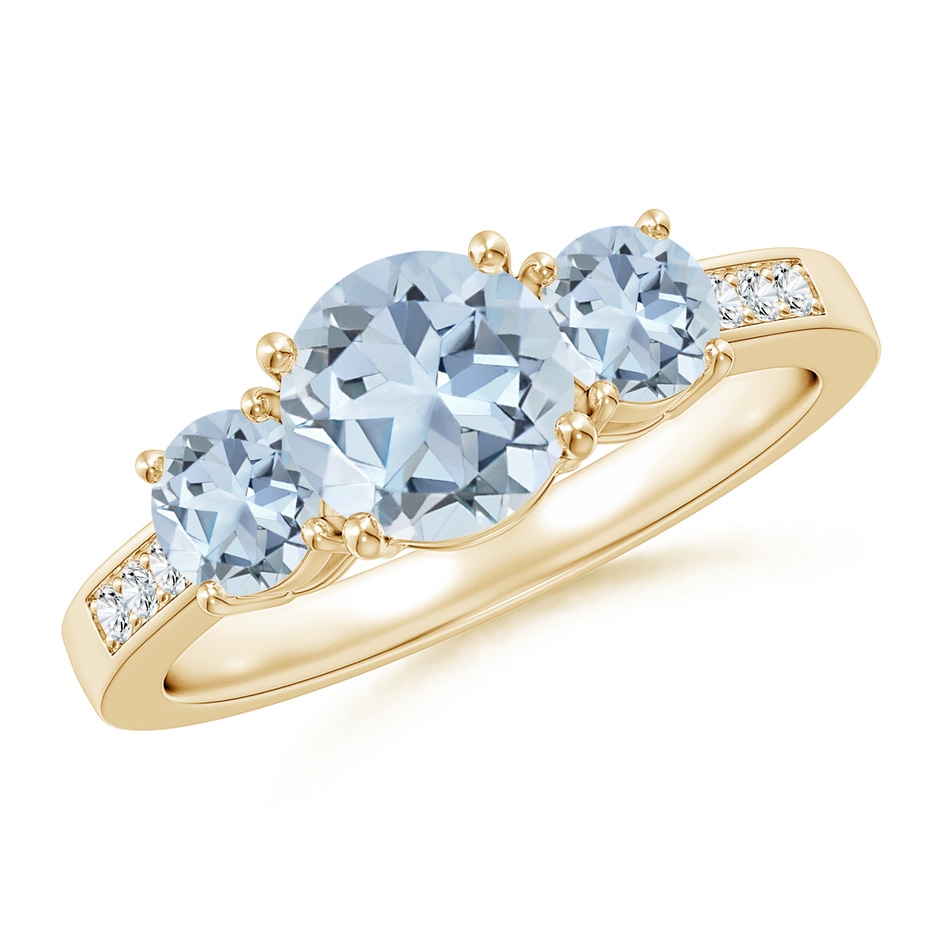 7mm A Three Stone Round Aquamarine Ring with Diamond Accents in Yellow Gold 