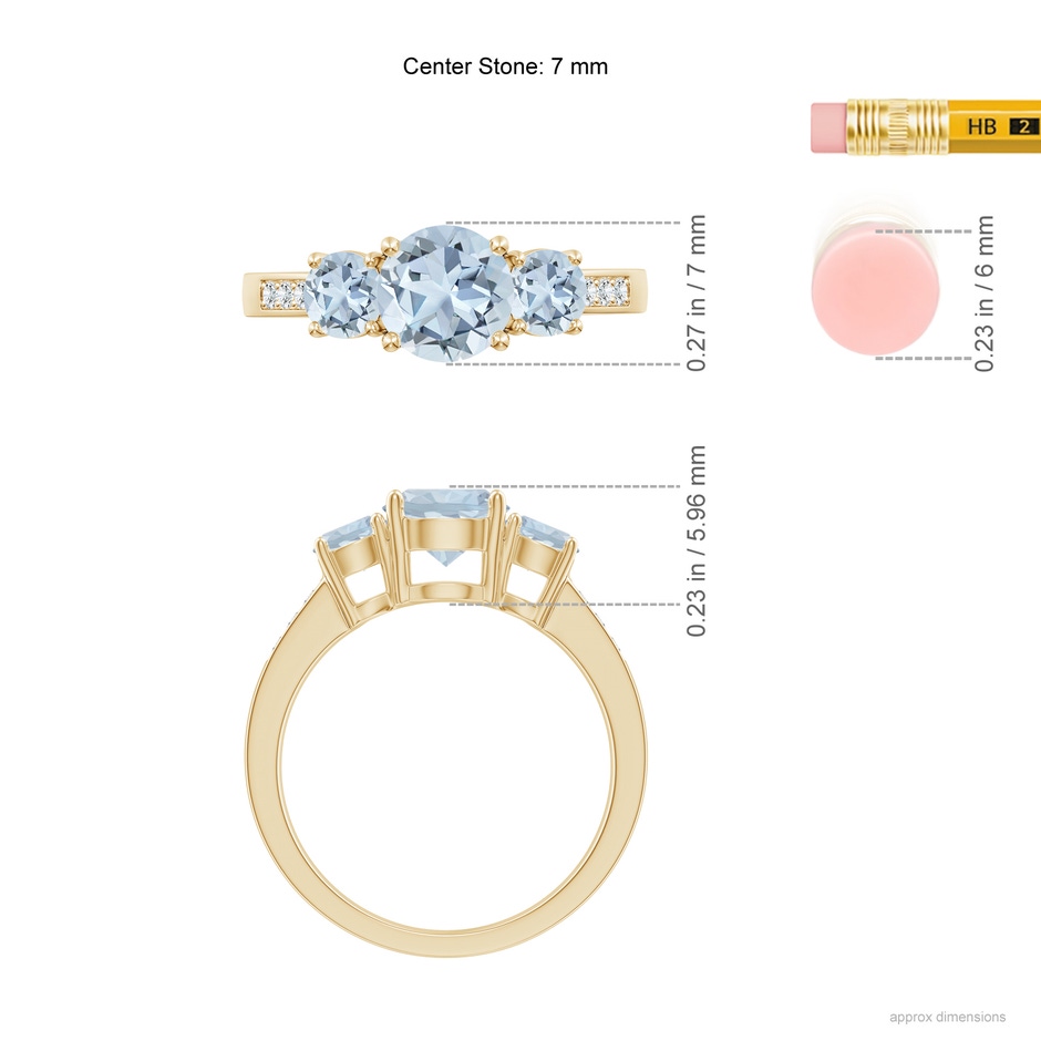 7mm A Three Stone Round Aquamarine Ring with Diamond Accents in Yellow Gold ruler