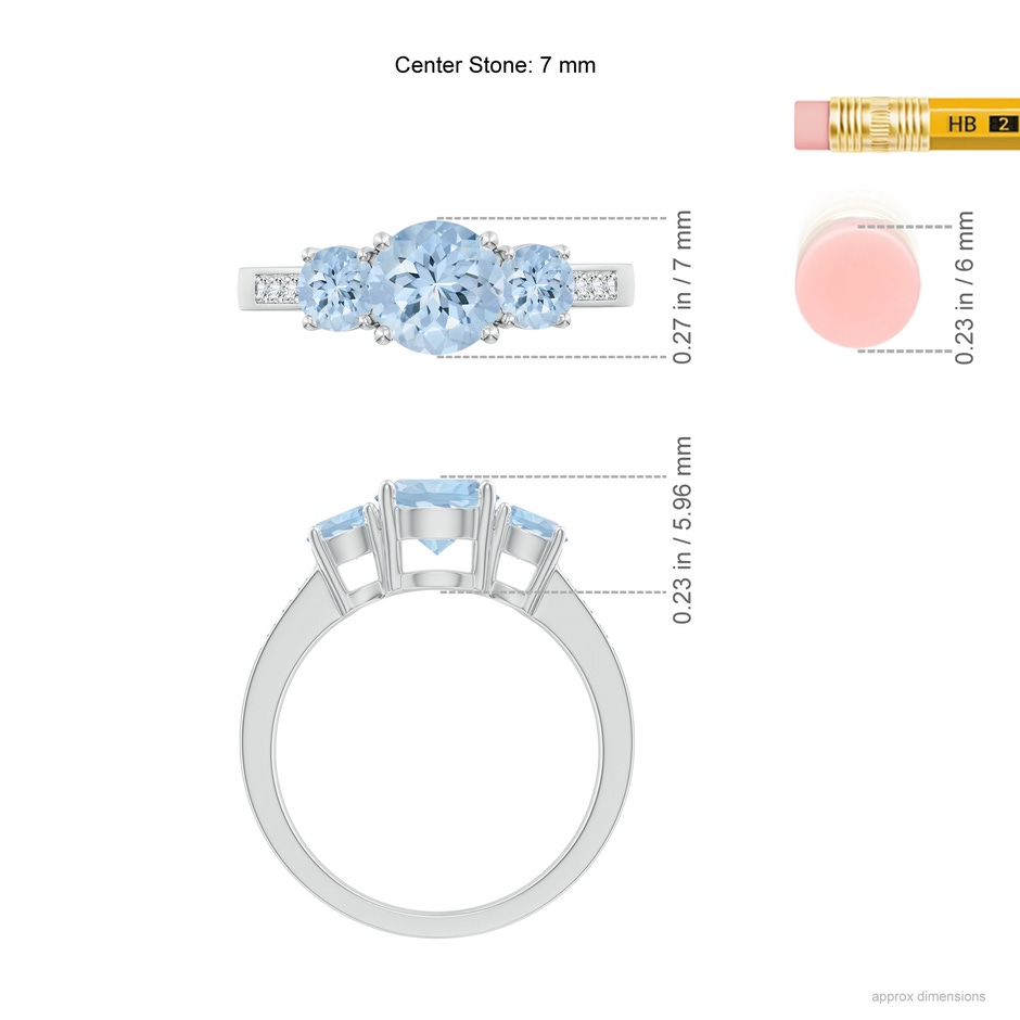 7mm AA Three Stone Round Aquamarine Ring with Diamond Accents in White Gold ruler