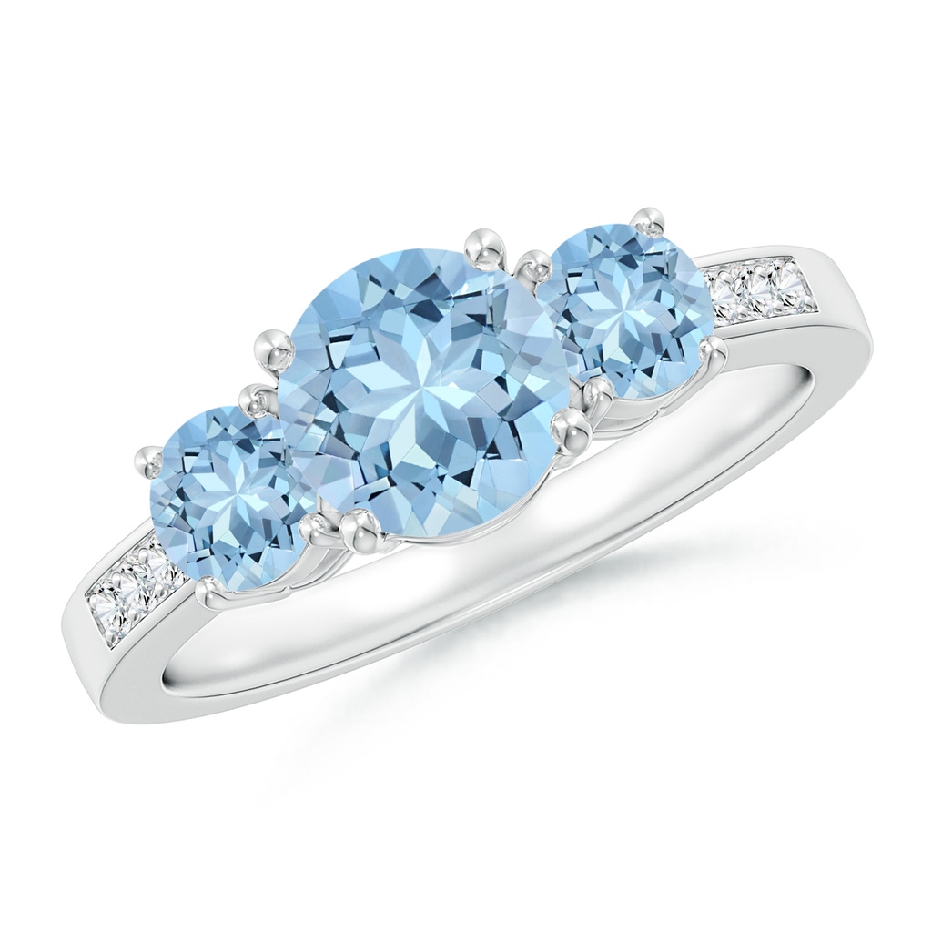 7mm AAA Three Stone Round Aquamarine Ring with Diamond Accents in White Gold