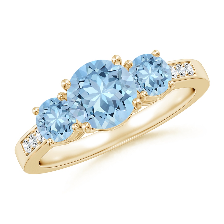7mm AAA Three Stone Round Aquamarine Ring with Diamond Accents in Yellow Gold 