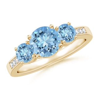 7mm AAAA Three Stone Round Aquamarine Ring with Diamond Accents in 9K Yellow Gold