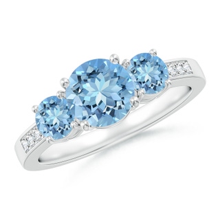 7mm AAAA Three Stone Round Aquamarine Ring with Diamond Accents in P950 Platinum