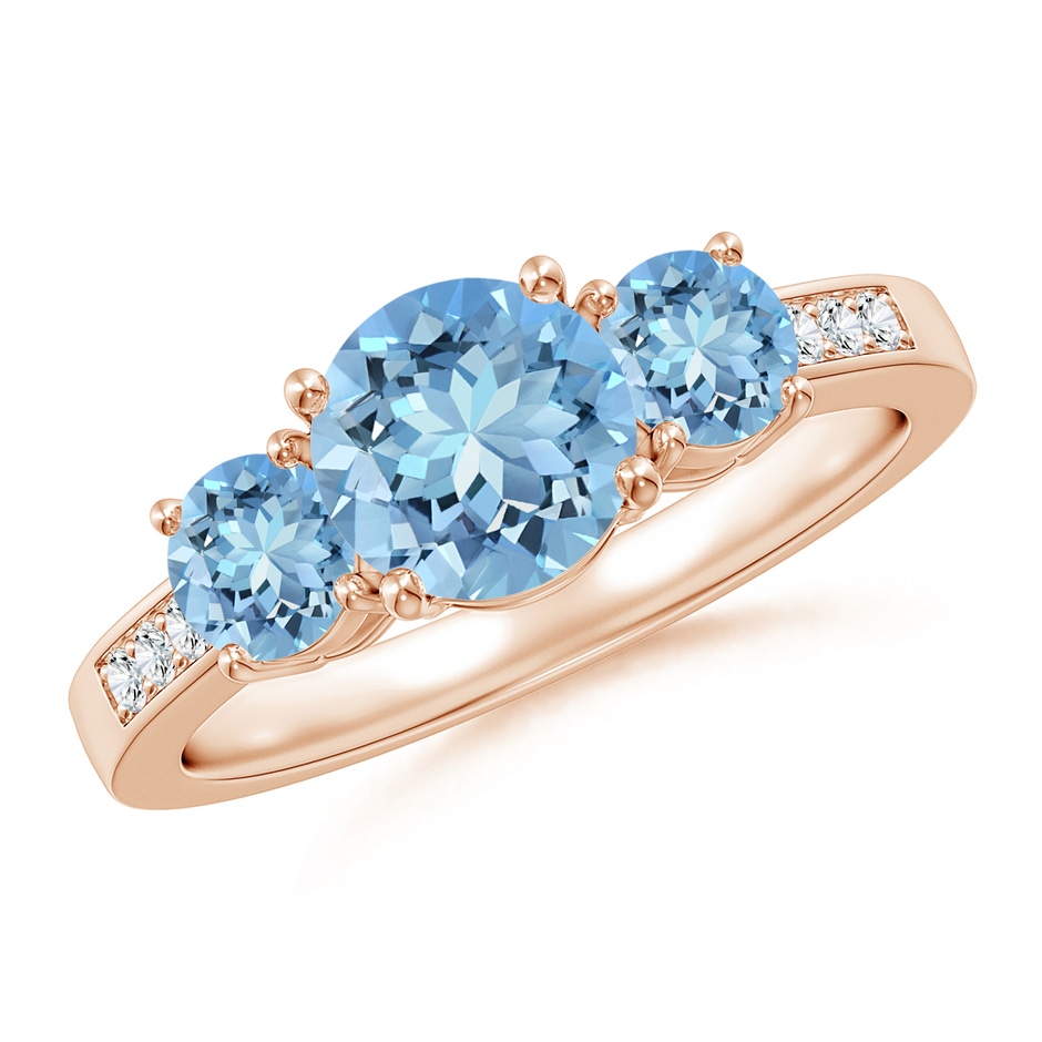 7mm AAAA Three Stone Round Aquamarine Ring with Diamond Accents in Rose Gold 