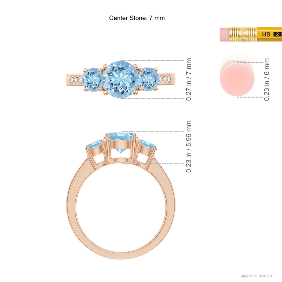 7mm AAAA Three Stone Round Aquamarine Ring with Diamond Accents in Rose Gold ruler