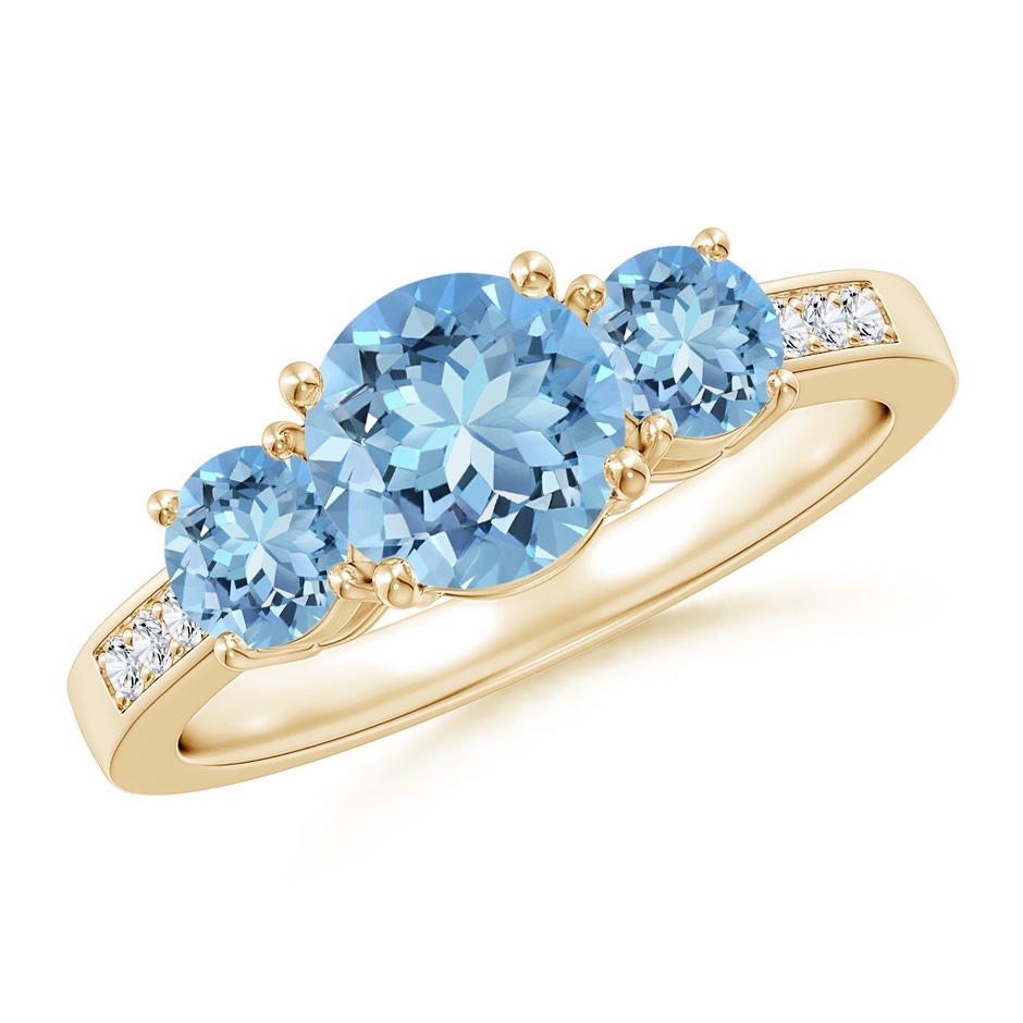 7mm AAAA Three Stone Round Aquamarine Ring with Diamond Accents in Yellow Gold 