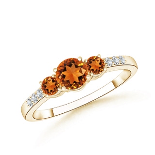 5mm AAAA Three Stone Round Citrine Ring with Diamond Accents in Yellow Gold